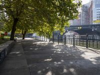 a scenic river path along an urban waterfront with buildings in the background and tree lined streets