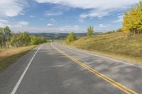 a scenic scenic country road winding towards a scenic mountain area with pine trees on either side