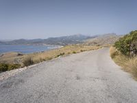 a paved road stretching into the distance of an ocean and mountains, along with dry grass