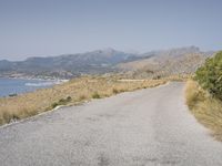 a paved road stretching into the distance of an ocean and mountains, along with dry grass