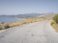 a paved road stretching into the distance of an ocean and mountains, along with dry grass