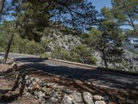 a person riding a bike next to a forest and cliff side road at the edge