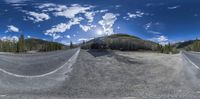 fisheye image looking at the mountains from a paved road area in colorado, usa