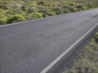 an asphalt road with a mountain in the distance with shrubs and a dirt area behind it