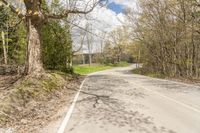 a empty road in the middle of some trees and trees around it, leading toward a street where there are a few vehicles