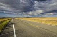 a single empty road on the prairie with dark clouds above it with a yellow stripe in between two rows