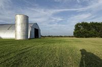two large grain bins sit in the center of a field, surrounded by silos