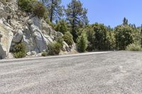 the empty road is winding through the rocky area near the tree line on the left side