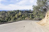 a paved road winding up to the top of a hill with trees on both sides and mountains beyond