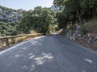 road with steep mountains and trees behind it in the daytime sunlight that has low sun