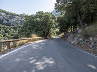 road with steep mountains and trees behind it in the daytime sunlight that has low sun