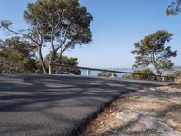 a road that is empty and with trees by it in the background and a blue sky