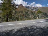 there is a small bird sitting on the road side with mountains in the background in the foreground