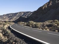 a paved road stretches into the mountains from a desert area with sparse vegetation and bushes