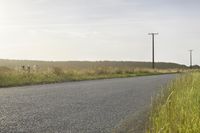 a man is riding a skateboard down the side of the road, near some tall grass