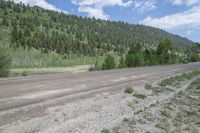 the empty road is near a pine covered mountain side slope - top land in the background