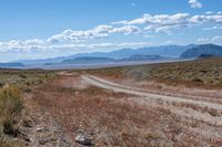 road through dry terrain in large open field with mountains in the distance next to a dirt road