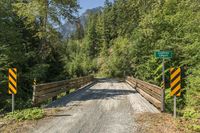 a paved road with wood bridges crossing over it, between the woods with trees and mountains