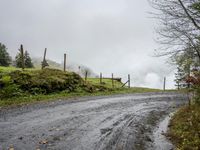 a dirt road with a fence, some trees and grass in the background and foggy sky above