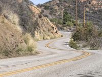 a view down the winding road at a stop sign that is pointed toward you in the direction