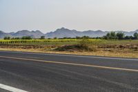 a wide open road with mountains in the distance and a line of trees along both sides