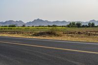 a wide open road with mountains in the distance and a line of trees along both sides