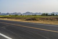 a wide open road with mountains in the distance and a line of trees along both sides