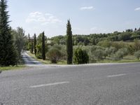 a scenic view of a street in a rural area with trees and hills in the background