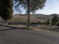 an empty country road near rolling hills and a fenced in area with grass and trees