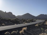 a road stretches along the side of mountains, towards a rock covered hillside with bushes