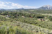 a rural setting with buildings, green trees and mountains in the background of blue skies