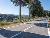 a rural road lined with trees leading into the distance to the mountains nearby, and in front of many parked cars