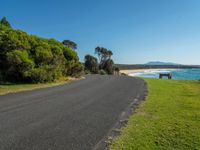 empty roadway by the beach with green grass and trees near by on hill at top