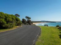 empty roadway by the beach with green grass and trees near by on hill at top