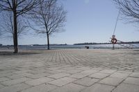 a street with trees and a boat ramp on the side of it near the water