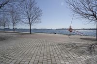 a street with trees and a boat ramp on the side of it near the water