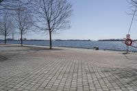 a street with trees and a boat ramp on the side of it near the water