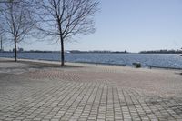 a street with trees and a boat ramp on the side of it near the water