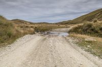 a dirt road leading into a puddle of water on the mountain side, with grassy and grasses surrounding