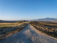 dirt road, dirt field and mountain range with blue sky, tuscany hills, sun, cloudless sky and small building