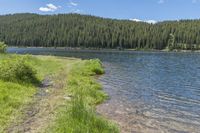 a dirt path between trees and grass with mountains in the background as the sun reflects in the water