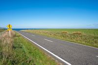 road sign on a country roadway with sea behind it and grassy field in the foreground