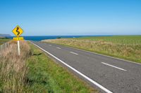 road sign on a country roadway with sea behind it and grassy field in the foreground