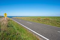 road sign on a country roadway with sea behind it and grassy field in the foreground