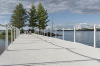 there are two poles on the end of the dock, and a line with trees to each side