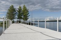 there are two poles on the end of the dock, and a line with trees to each side