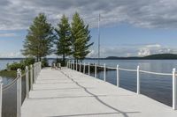 there are two poles on the end of the dock, and a line with trees to each side