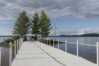 there are two poles on the end of the dock, and a line with trees to each side