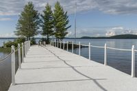 there are two poles on the end of the dock, and a line with trees to each side