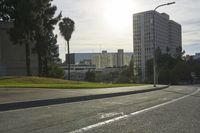 view of a street with trees and skyscrapers in the background in this photo, as well as a street light